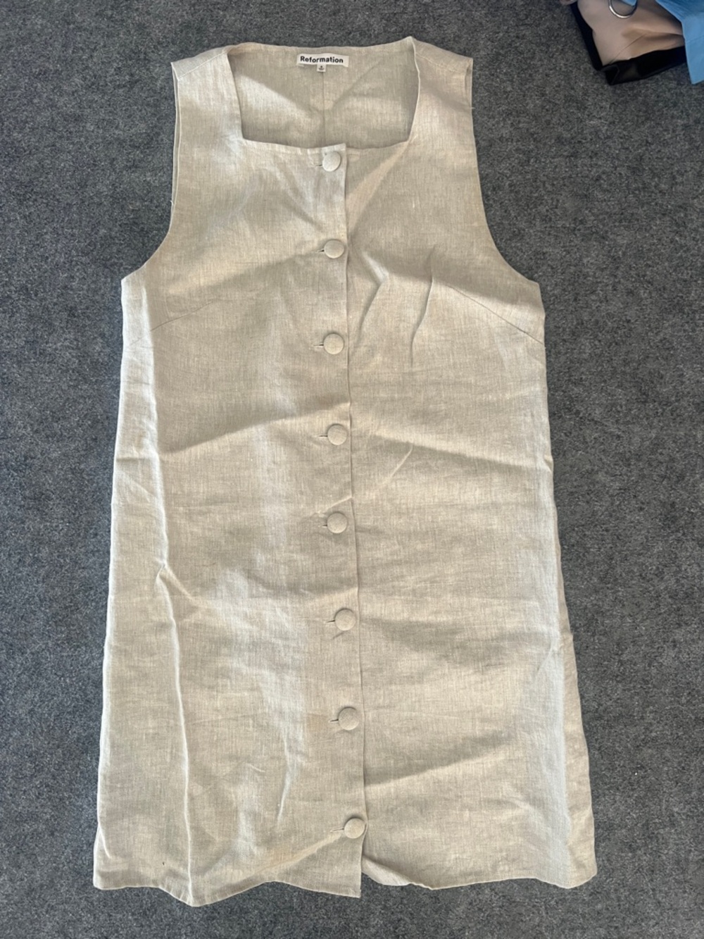 Reformation Natural Linen Button-Front Sleeveless Dress